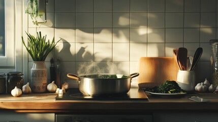Cozy Kitchen Scene with Steaming Pot and Fresh Ingredients