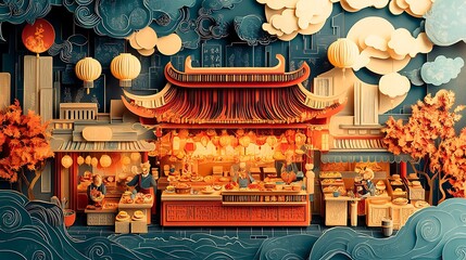 Fototapeta premium An intricate paper-cut style illustration of a Chinese New Year market, filled with bustling food stalls, colorful lanterns, and festive decorations,