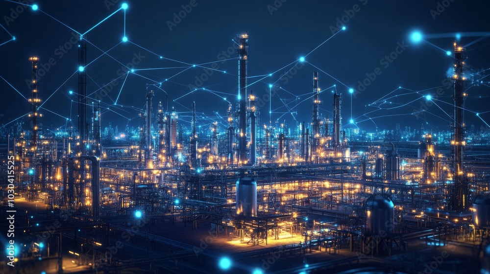 Poster an aerial view of a large industrial complex at night. the factory is lit with bright lights, and th