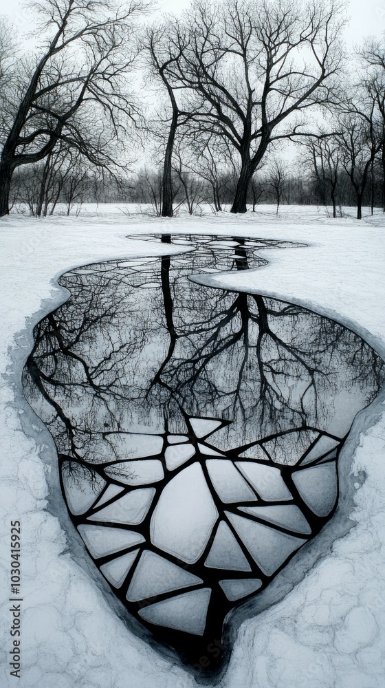 Poster Winter's Reflection, Frozen lakes