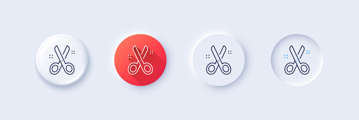 Cut line icon. Neumorphic, Red gradient, 3d pin buttons. Tailor, hairdresser or barber scissors sign. Shears symbol. Line icons. Neumorphic buttons with outline signs. Vector