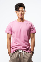 a man in pink color casual outfit standing in the studio with isolated background