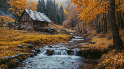 Wooden house on the bank of a mountain river in the autumn forest