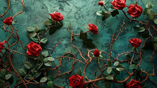 Red roses bloom on a thorny vine against a teal background