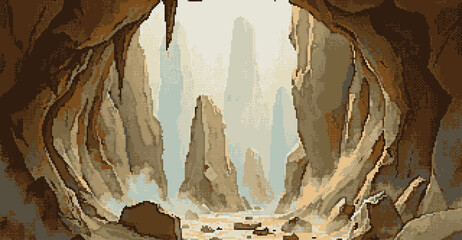 personal journey through unknown world, dramatic cave opening, pixel art style, brown stone pillars and journey continues forward