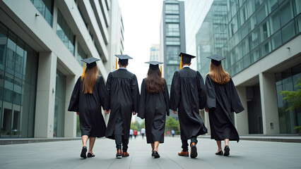 a group of fresh graduate student wearing graduation gown walking into the corporate world, starting the next chapter of life and new challenges .