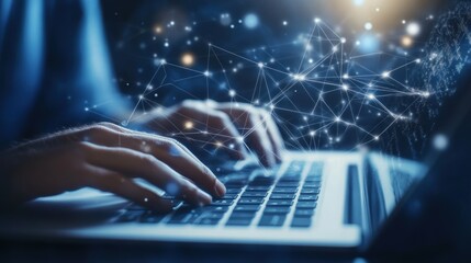 Hands Typing on Laptop with Glowing Network Connection