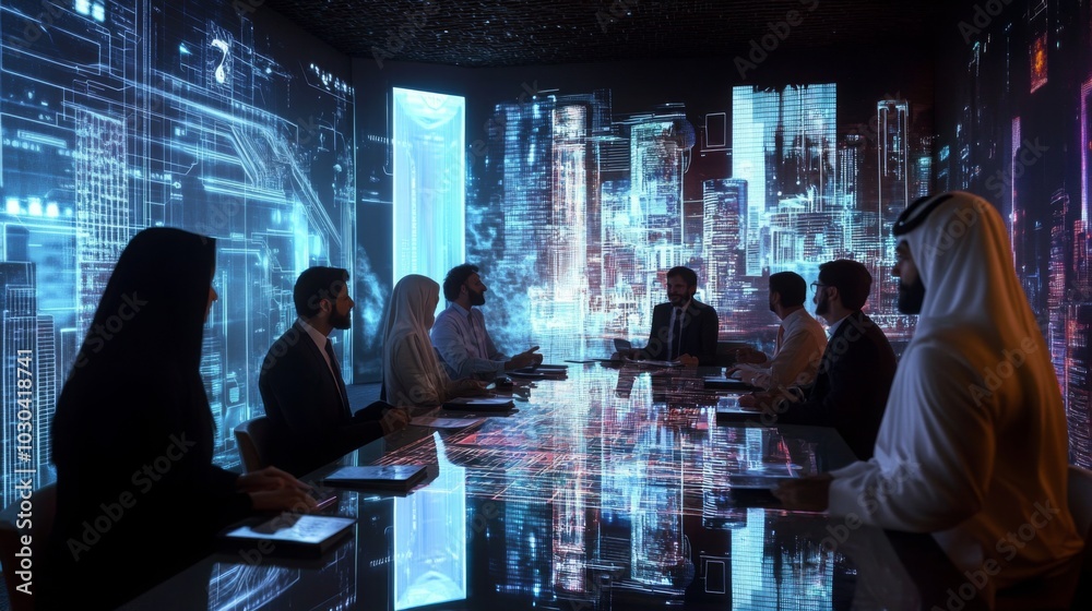 Aufkleber A diverse team gathers around a sleek table in a modern conference room, engaging in a strategy discussion. High-tech screens project urban imagery, enhancing the innovative atmosphere.