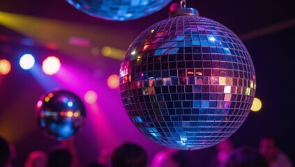 Fototapeta premium A sparkling disco ball at a night party against a backdrop of vibrant dance floor and glowing cityscape