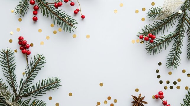 Festive Christmas-themed flat lay with pine branches, red berries, and golden confetti on white table. Perfect for holiday card design, seasonal greetings, and festive decorations. 