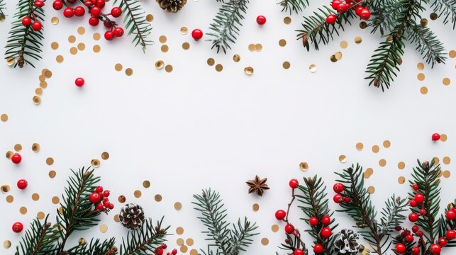 Festive Christmas-themed flat lay with pine branches, red berries, and golden confetti on white table. Perfect for holiday card design, seasonal greetings, and festive decorations. 