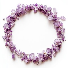 Amethyst crystal wreath on white background for holistic healing and meditation
