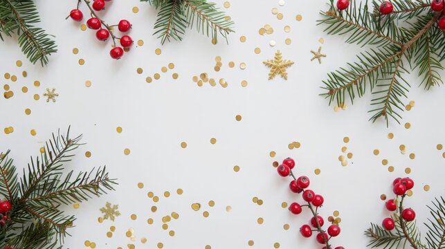 Festive Christmas-themed flat lay with pine branches, red berries, and golden confetti on white table. Perfect for holiday card design, seasonal greetings, and festive decorations. 