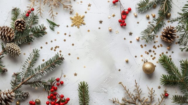 Festive Christmas-themed flat lay with pine branches, red berries, and golden confetti on white table. Perfect for holiday card design, seasonal greetings, and festive decorations. 