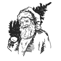 Freehand vintage Santa Claus holding a Christmas tree scribble isolated on white background. Texture of writing materials. Handwritten christmases doodles and pencil strokes. 