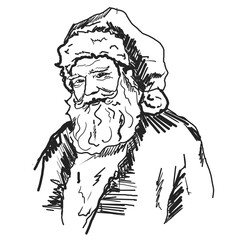 Freehand vintage portrait Santa Claus scribble isolated on white background. Texture of writing materials. Handwritten christmases doodles and pencil strokes. 