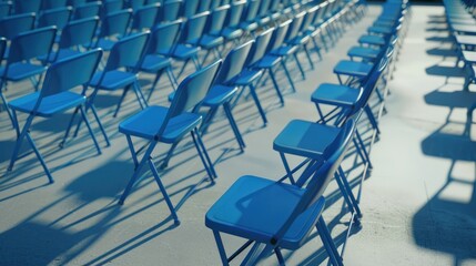 Obraz premium Concert stadium chairs in blue color. The shiny blue color of the chair contrasts with the gray concrete floor.