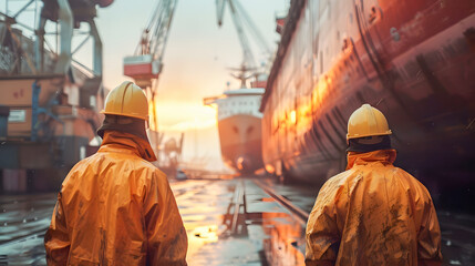 Shipyard workers with a ship under construction in background