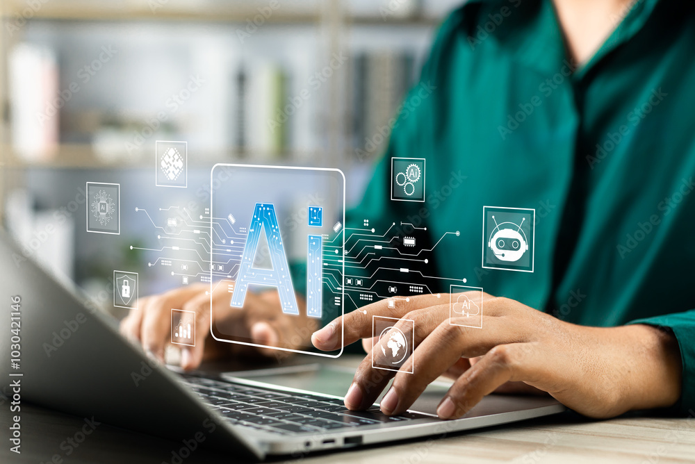 Fototapete Businessman use artificial intelligence AI technology for enhanced work efficiency data analysis and efficient tools, Unlocking work potential with AI solutions chatbot help solve work problems.