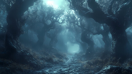 Obraz premium horror forest background, full moon above trees, apocalyptic scene