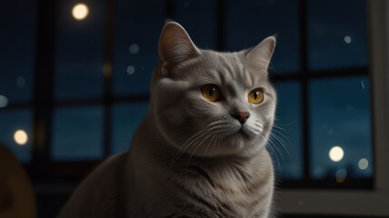 A gray cat with yellow eyes sits in front of a window at night.