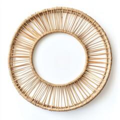 Circular woven rattan wall decor with radial design pattern on white background