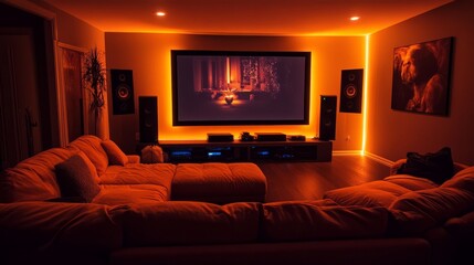 Cozy home theater setup with a large sectional sofa, wall-mounted surround speakers, and a big-screen TV surrounded by warm, dim lighting.