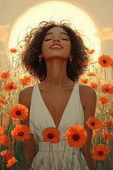 Naklejka premium A girl with hair, wearing an short-sleeved top and high-waisted trousers is smiling as she walks through the field of flowers in spring.