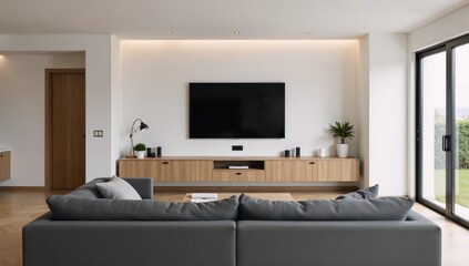 Fototapeta premium Modern smart-home tech meets comfortable relaxation sleek living space boasts gray sofa amidst cutting-edge gadgetry