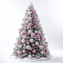 Beautifully decorated Christmas tree with pink and white Christmas ornaments on white background