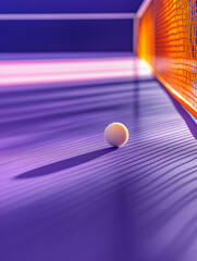 Table tennis paddle and ball on an indoor ping pong table. Concept of tennis equipment, indoor sports, racquet sport, recreational activity