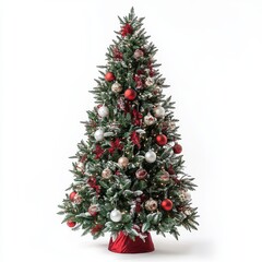Beautifully decorated Christmas tree with red and white Christmas ornaments on white background