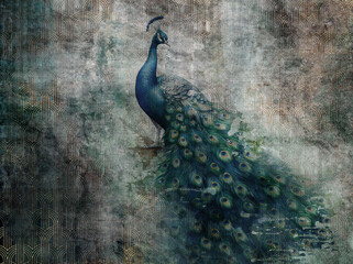 Beautiful peacock on grunge photo wallpaper with golden abstract elements on concrete background. Illustration for wallpaper, fresco, mural. © lucja_lusilas.pl