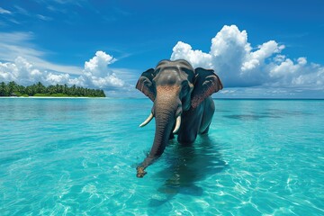 Elephant bathing in clean transparent blue water. Tropics.