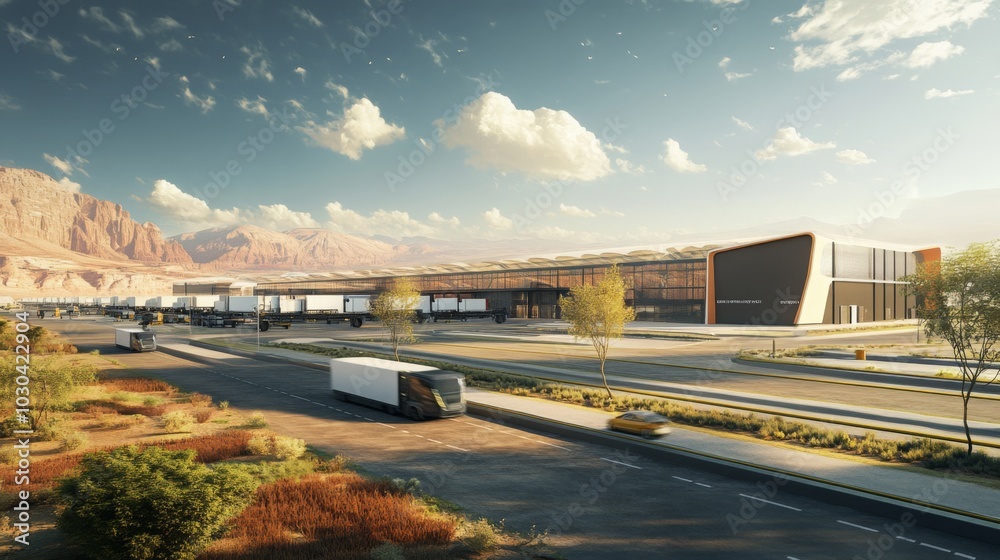 Poster A modern distribution center sits prominently with trucks parked in front, framed by mountains under a clear sky. The scene captures the essence of logistics and transport in a serene setting.