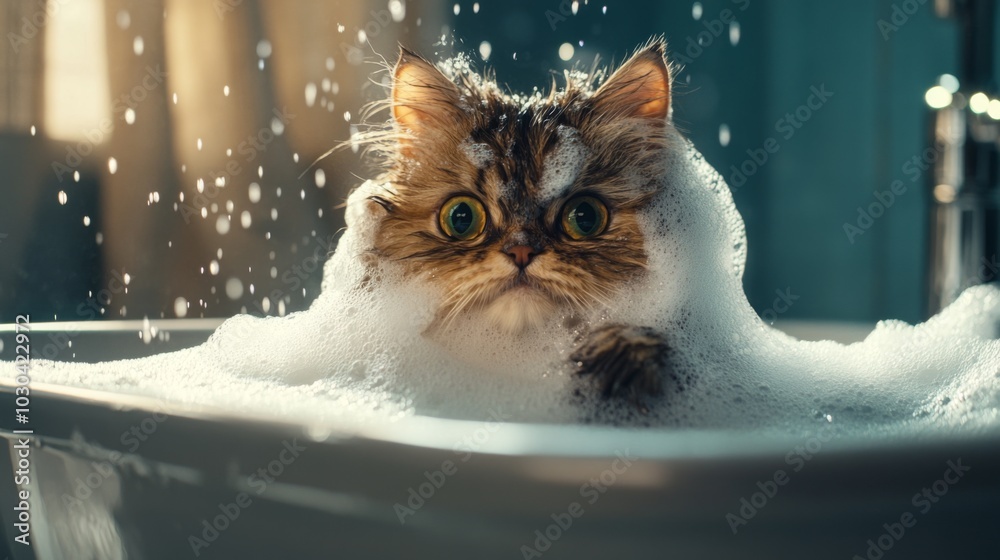 Poster Cat Enjoying a Bubbly Bath in a Relaxing Setting