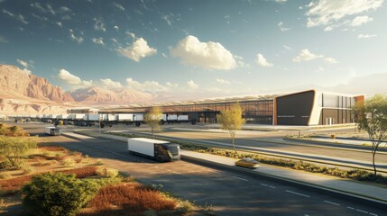 Fototapeta premium A modern distribution center sits prominently with trucks parked in front, framed by mountains under a clear sky. The scene captures the essence of logistics and transport in a serene setting.