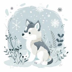 A cute Siberian Husky cub in a snowy winter scene