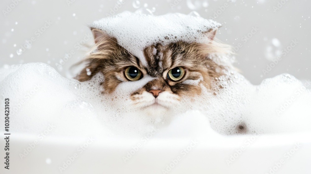 Poster cat in bubble bath with curious expression