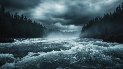 Obraz premium Dramatic Mountain River During Rainstorm