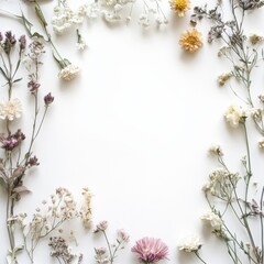 Dried flowers arranged in border pattern on a white background for natural decoration