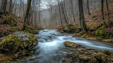 Obraz premium Serene River Flowing Through Mountain Landscape