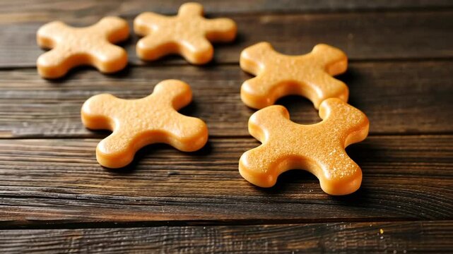 Five golden star-shaped cookies sit on a wooden table