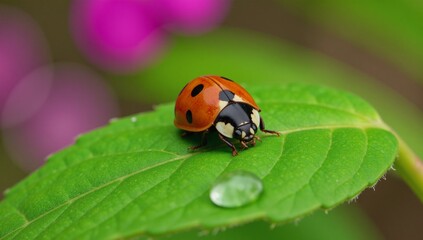 Fototapeta premium Ladybug resting on green leaf