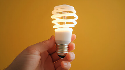 A hand holding an energy-efficient light bulb against a yellow background while exploring sustainable lighting options at home