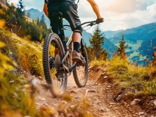 Mountain biker cyclist riding a bicycle downhill on a mountain bike trail.