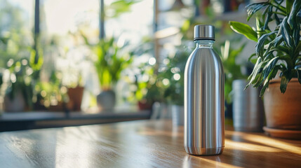 A sleek reusable water bottle on a wooden table surrounded by lush green plants in a sunlit indoor space