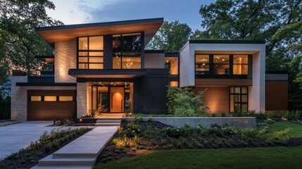 Modern House Exterior with Evening Lighting