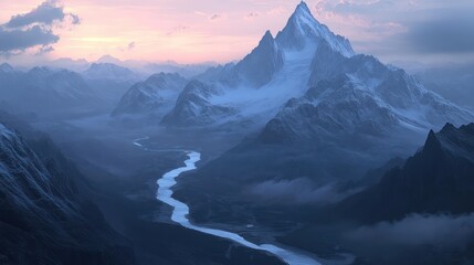 Fototapeta premium Mountain range with a river winding through the valley at dawn
