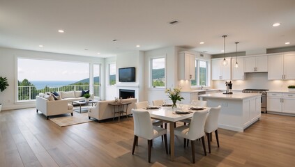 Luxury home interior showcasing an elegant living space with a view to the modern kitchen